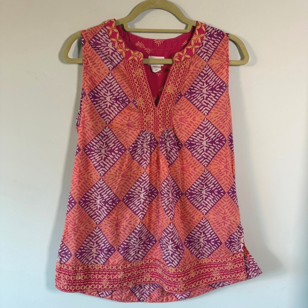 Sigrid Olsen Diamond Print Embroidered Cotton Sleeveless Tunic L Boho Colorful